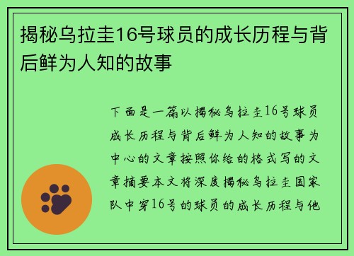 揭秘乌拉圭16号球员的成长历程与背后鲜为人知的故事