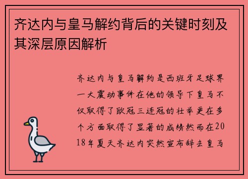 齐达内与皇马解约背后的关键时刻及其深层原因解析